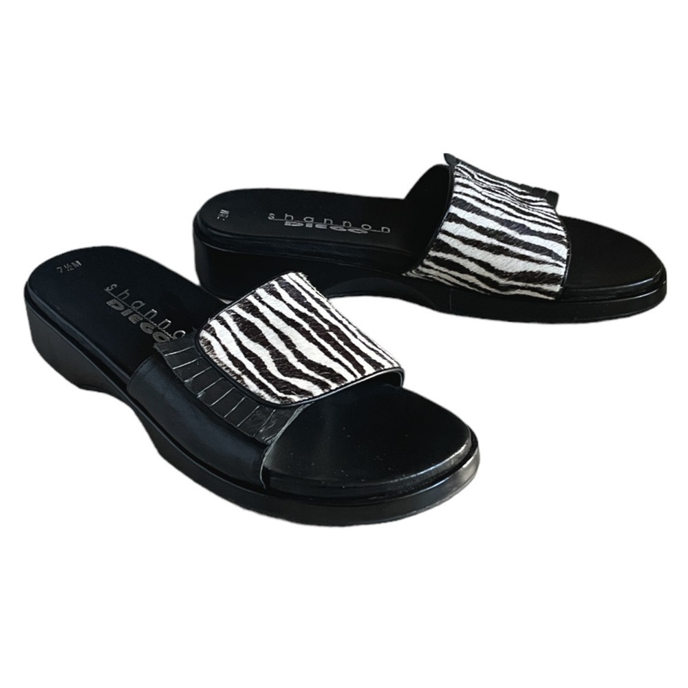 Shannon Diego Black Leather Calf Hair Zebra Stripe Slides Size 7.5 90s Y2K
